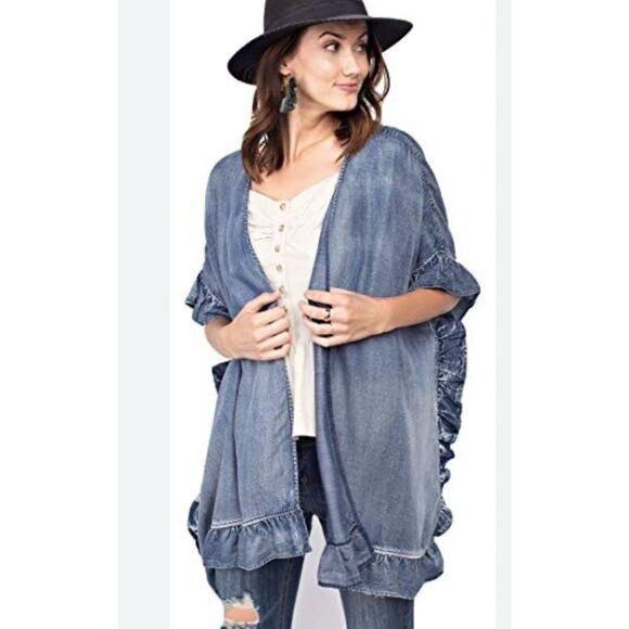 Canvas Washed Denim Ruffle Open Cardigan Size L boho western - Picture 7 of 8